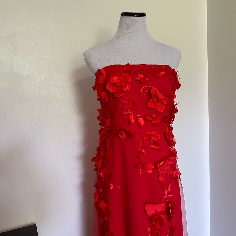 Lulu's Vibrant Red 3D Florals Maxi wedding Evening strapless Dress